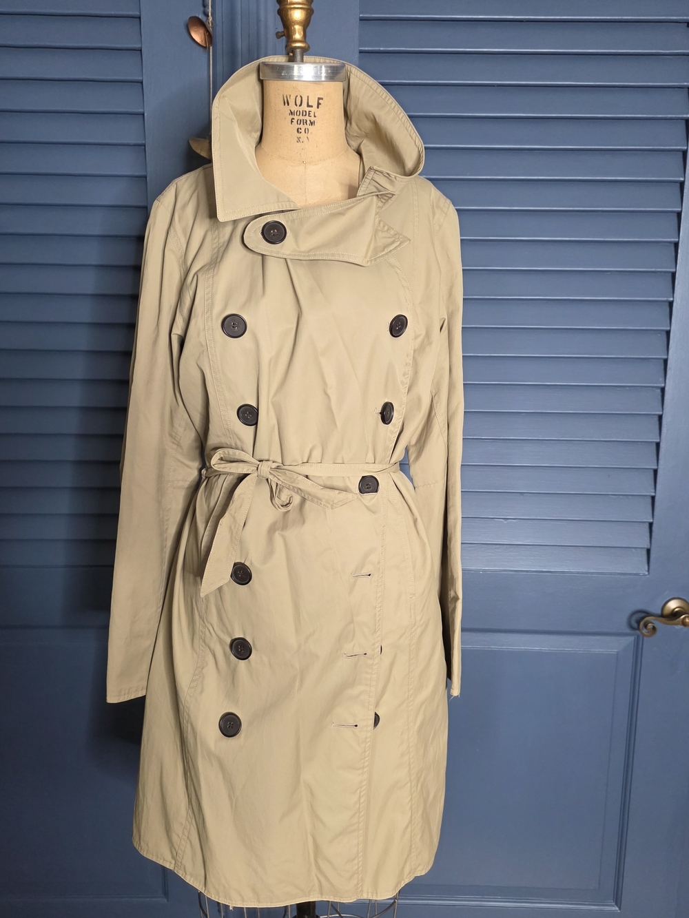 Light Taupe Double-Breasted Trench Coat with Waist Tie